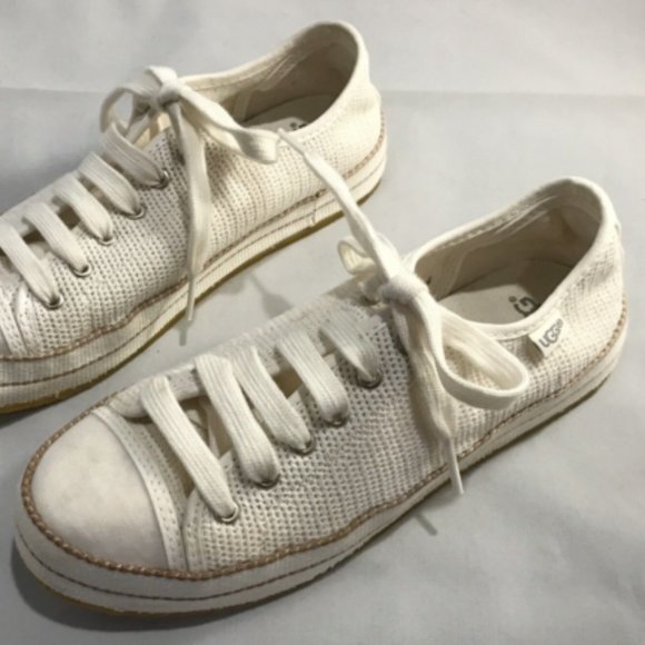 UGG LAUDI 1020094 SZ 7 Lace up Cream Beige Tan Fabric Sneakers Shoes VGC - Picture 2 of 11